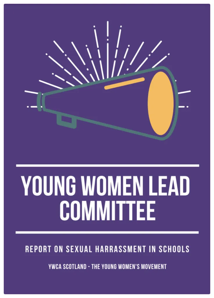 Young women lead committee 2017/2018 report cover, illustration of megaphone on purple background.