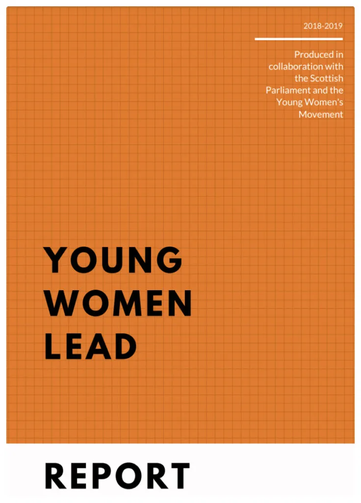Young women lead 2018/2019 report cover, black grid lines on orange background.