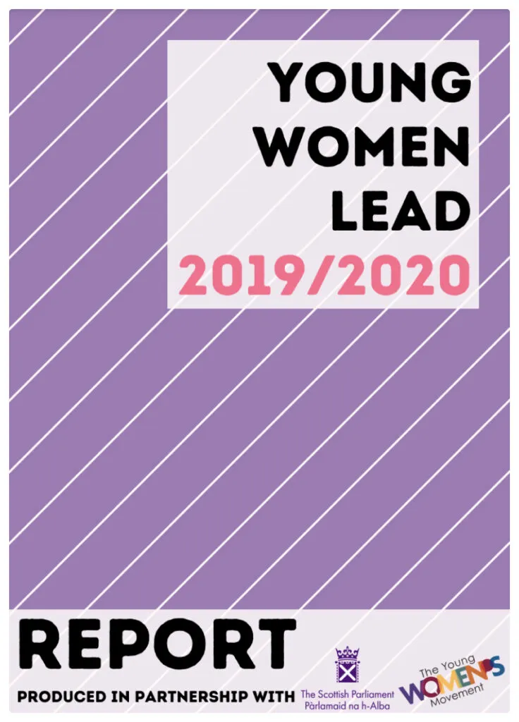 Young women lead 2019/2020 report cover, white diagonal lines on purple background.