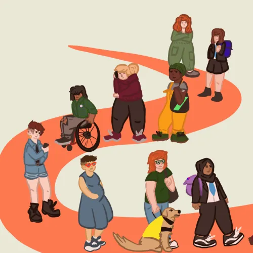 An illustration of a diverse group of people waiting in a queue.