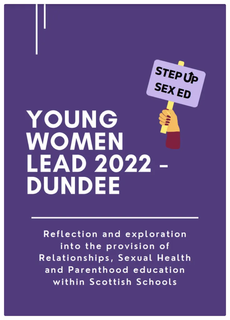 Step-up sex ED 2022 Dundee report cover, illustrated hand holding up a “ Step up sex ED” sign on purple background.
